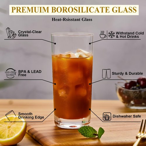 Drinking Glasses Set of 6, 16 oz Tall Drinking Glasses Highball Glassware, Borosilicate Glass Crystal Highball Glasses, Tom Collins Bar Glassware, Water Glass Cups for Cocktail, Mojito Bar Glassware