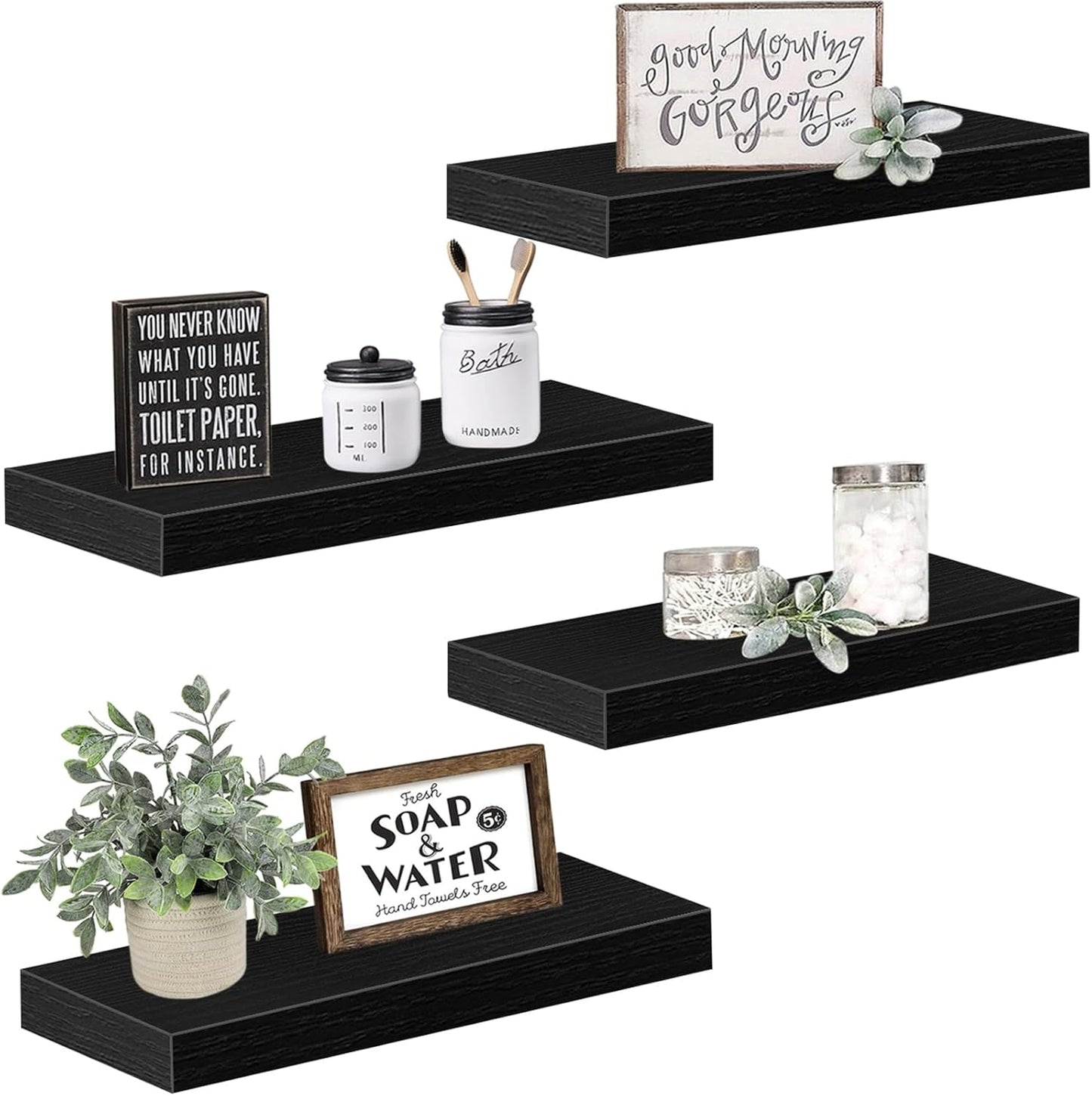 QEEIG Floating Shelves - Stylish Wall Storage for Bathroom, Bedroom & Kitchen | Set of 4, 16 Inch, Black