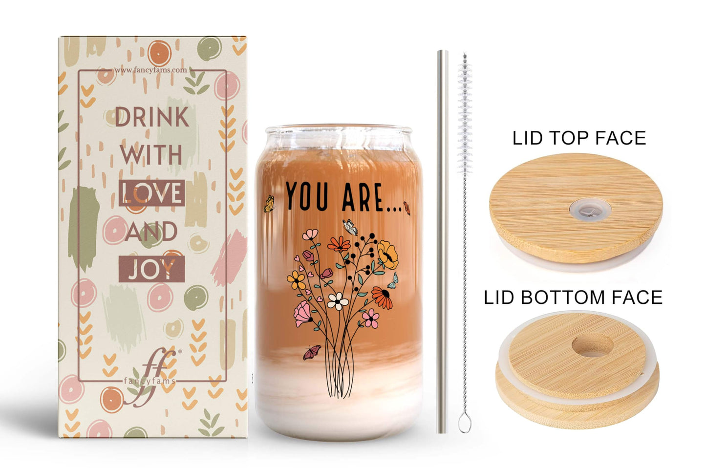 Fancyfams 16 oz Glass Drinking Cup with Bamboo Lid, and Straw, Women of the Bible Drink Cup, Christian, Religious, Mothers Day, Birthday Gifts for Women, Affirmation, Jesus Coffee Jar (You Are)
