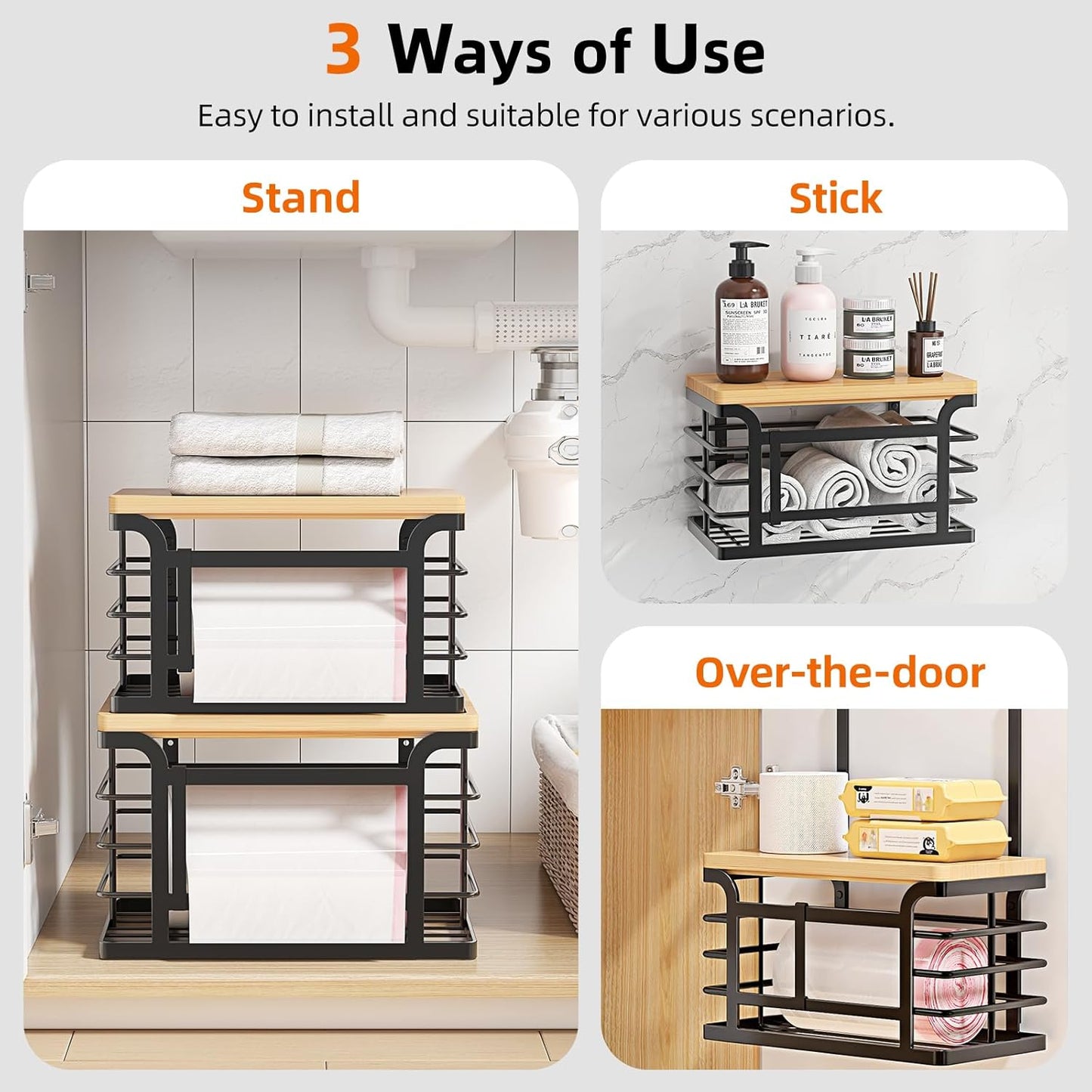 Sevenblue Stackable Trash Bag Holder - Bamboo Top & Adjustable Hooks for Easy Organization | Black
