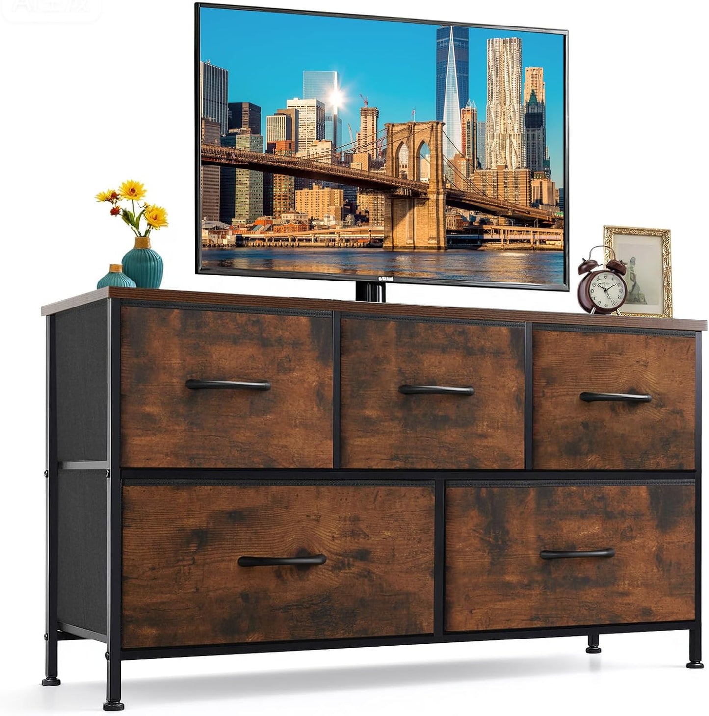 Regine Switzerland 5-Drawer Dresser - Anti-Tip Fabric Storage Organizer with Wooden Top | Brown Finish for Bedroom & Living Room