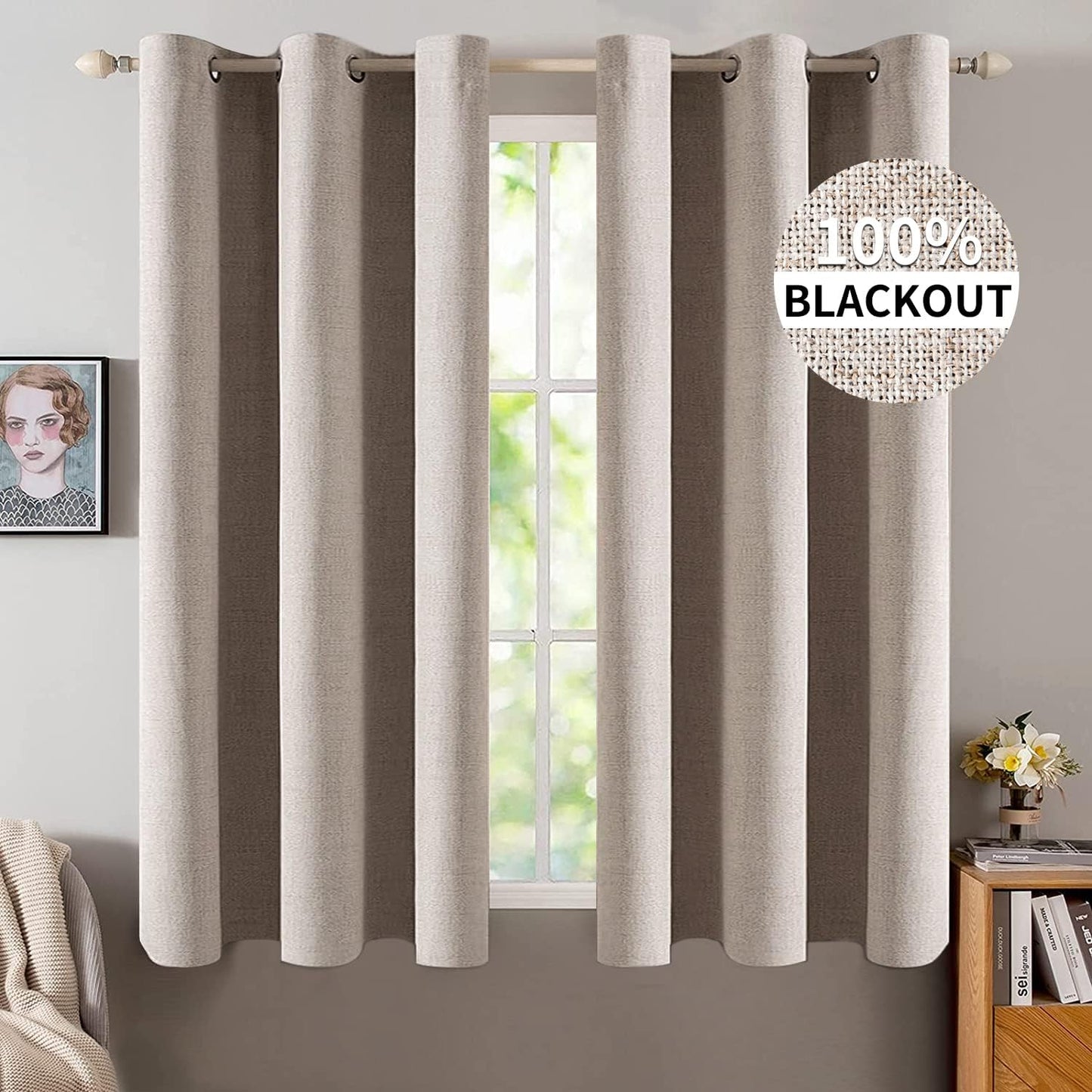 MIULEE Linen Blackout Curtains - 100% Room Darkening Thermal Insulated Grommet Panels | Khaki, 42" x 63" (2 PCs)