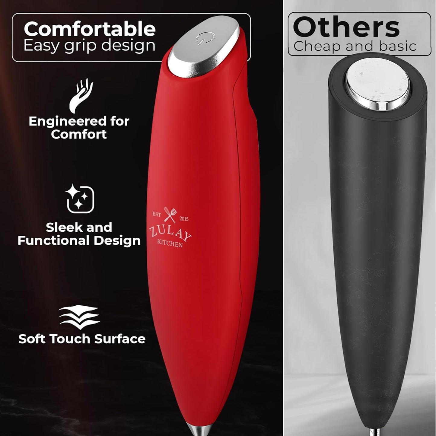 Zulay Kitchen Tornado Triple Whisk Milk Frother - Handheld Foam Maker for Coffee & Lattes - Cardinal Red