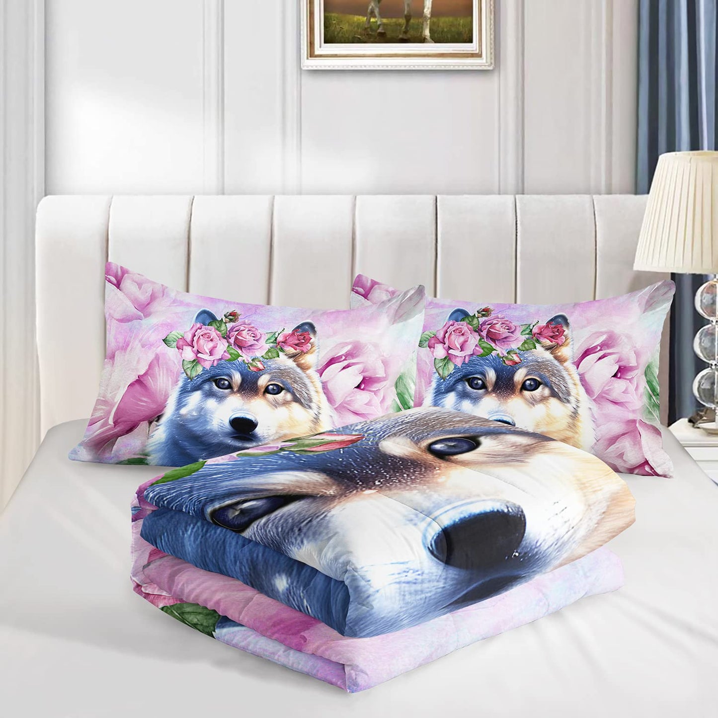 XYNHML Wolf Comforter Set Tie Dye Wolf Bedding Set for Kids Teens Room Decor Romantic Pink Rose Wild Animals Comforter with 2 Pillowcases