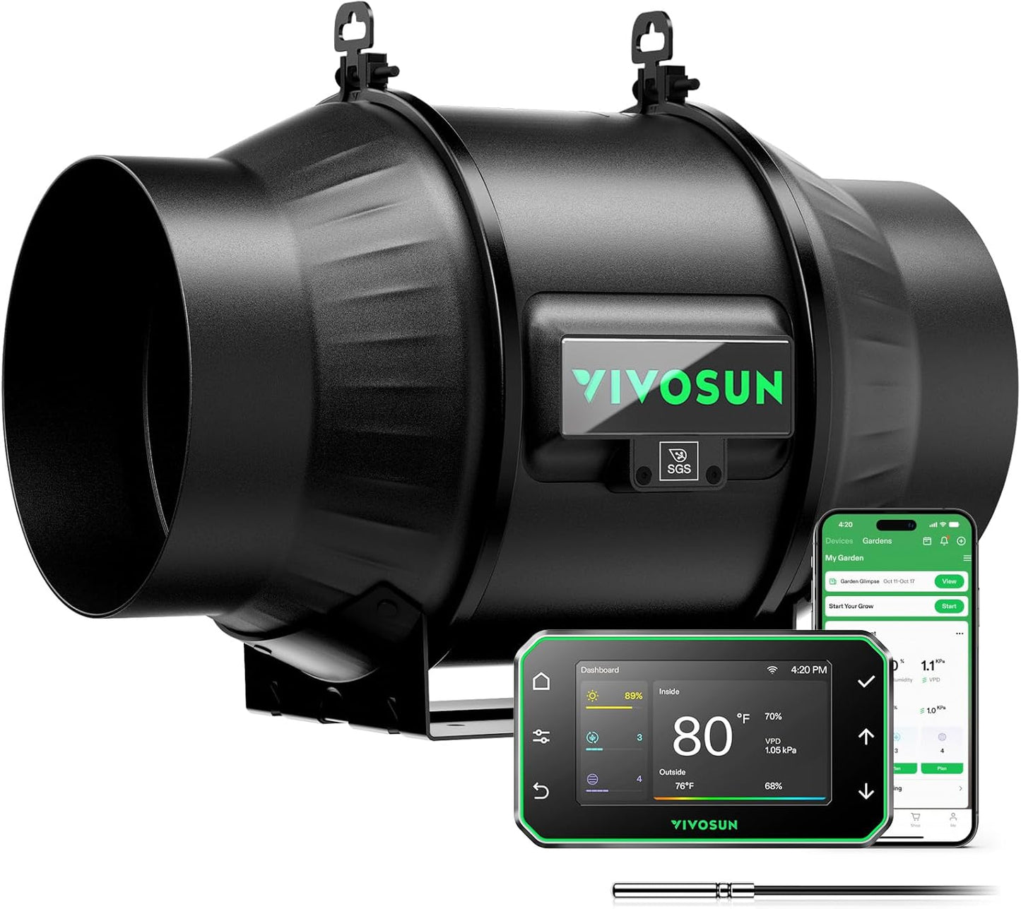 VIVOSUN T6 6" Inline Duct Fan - WiFi Temperature & Humidity Controller | 408 CFM Exhaust Fan for Grow Tents