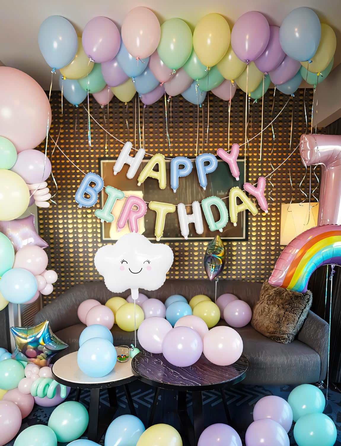 Pastel Birthday Decorations - Happy Birthday Balloon Banner & Macaron Balloons | 84-Piece Set