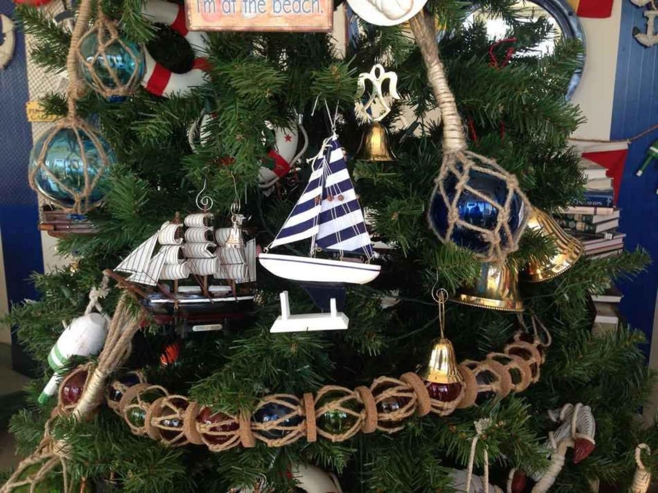 Blue Striped Sailboat Christmas Tree Ornament - Nautical Holiday Decor 9”