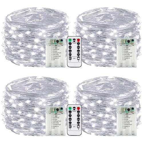 4-Pack Fairy Lights Battery Operated with Remote & Timer & 8 Modes, Waterproof 16 FT 50 LED String Lights Outdoor Indoor, Battery Twinkle Lights for Christmas Bedroom Centerpiece Décor (Cool White)
