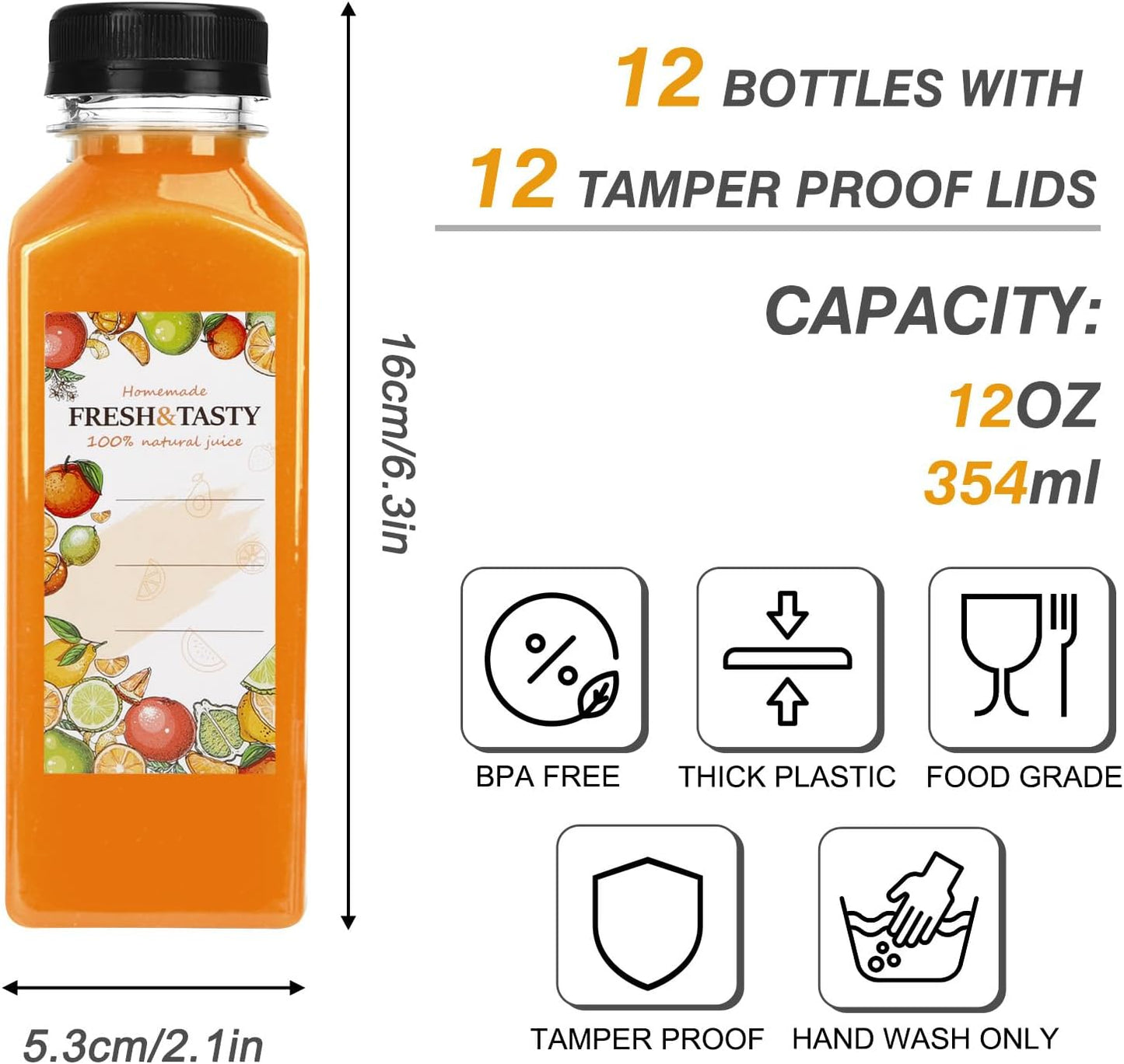 TOMNK 12oz Reusable Juice Bottles - 12pcs Plastic Containers with Caps, Labels, Funnel & Brush
