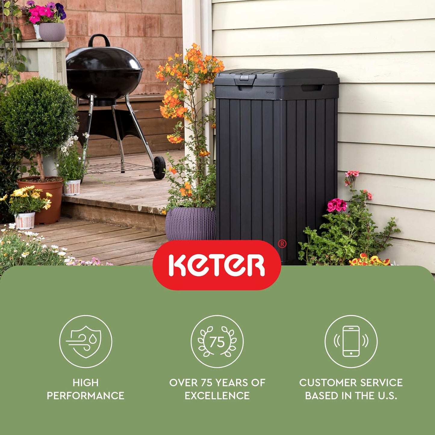 Keter Baltimore 38 Gallon Outdoor Kitchen Trash Can - Resin with Lid & Drip Tray for Easy Cleaning | Black