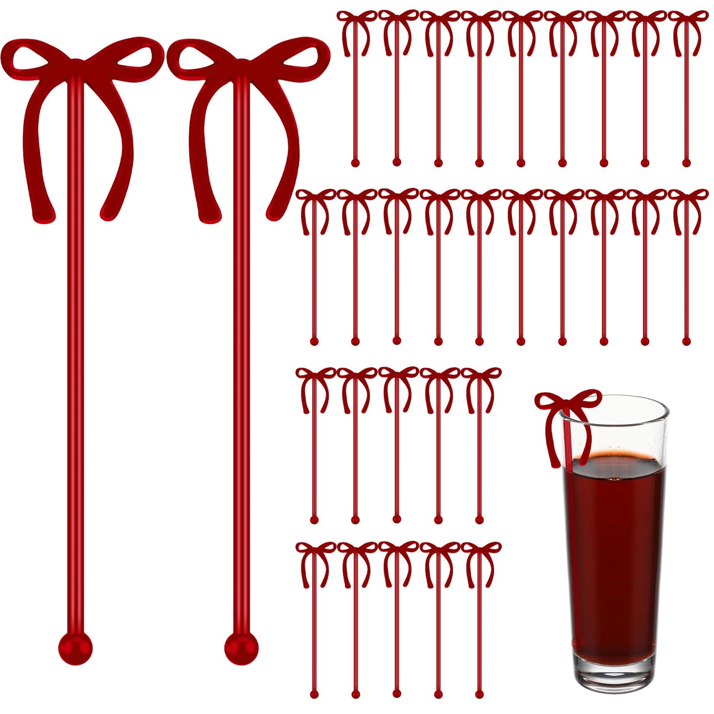 SiliFine 30 Pcs 6 Inch Party Drink Stirrers, Bow Stir Sticks Coffee Stirrers Reusable Plastic Swizzle Sticks for Wedding Birthday Bridal Cocktail Decorations Galentines Supplies(Burgundy)
