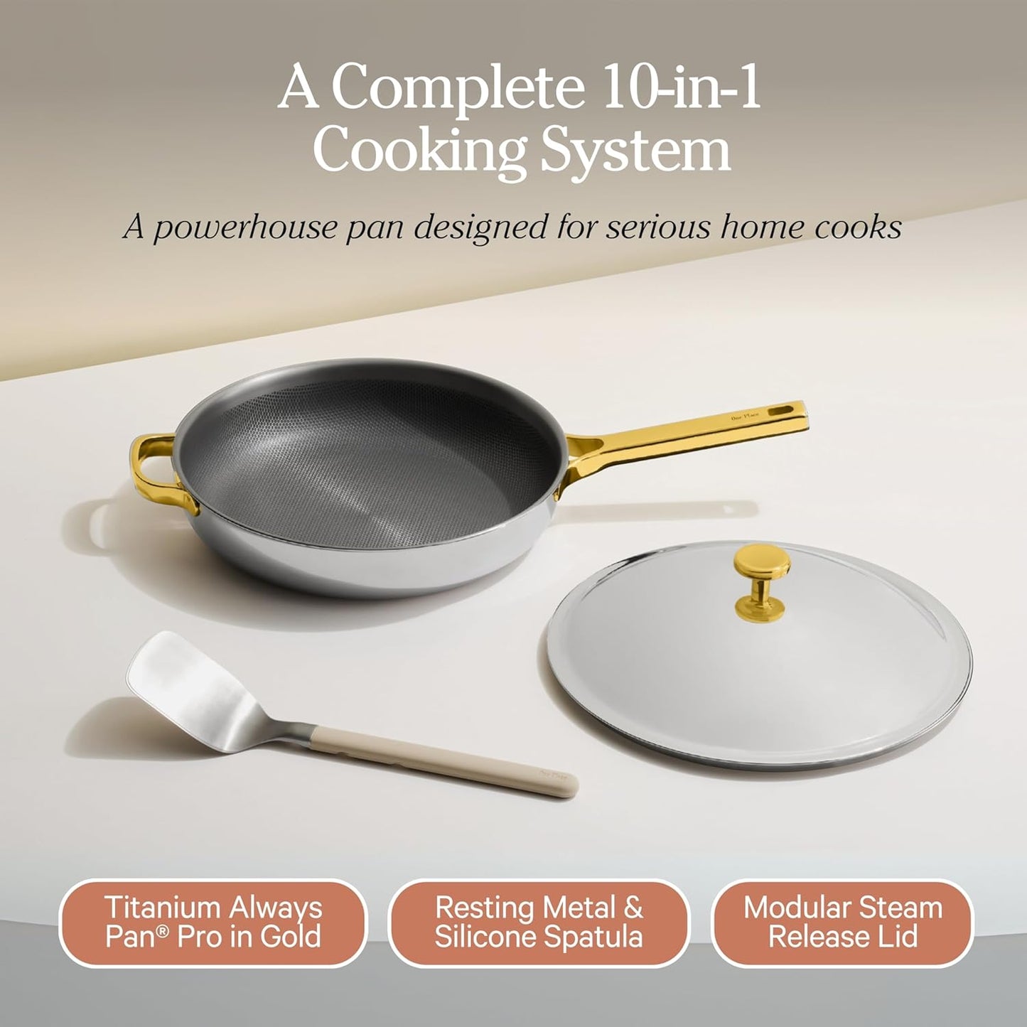 Our Place Titanium Always Pan Pro - 10.6" PFAS-Free Nonstick Frying Pan with Spatula | Chef-Grade Tri-Ply Stainless Steel & Aluminum | Induction & Oven-Safe up to 750°F | Gold