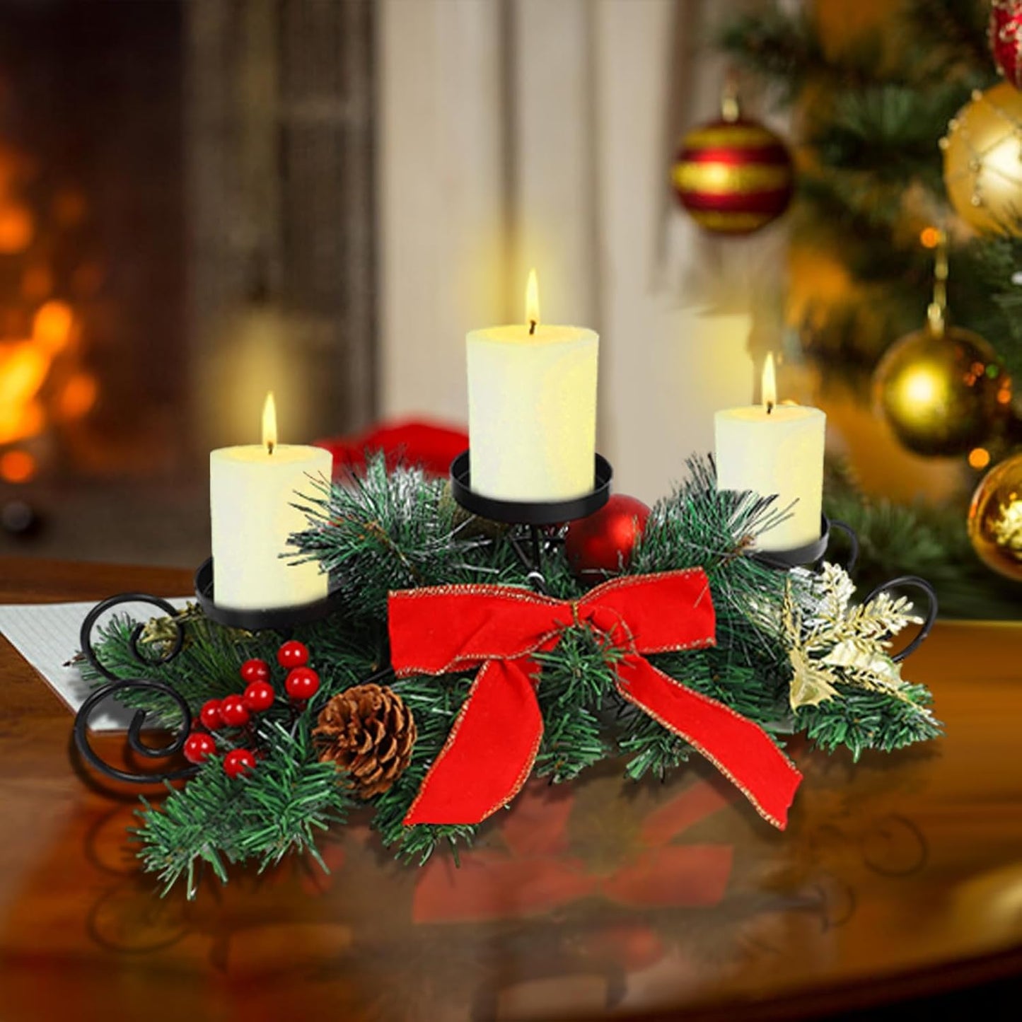 MorTime Christmas Candle Holder - Festive Table Centerpiece with Red Bow, Berries & Pinecones | Steel Base Decor