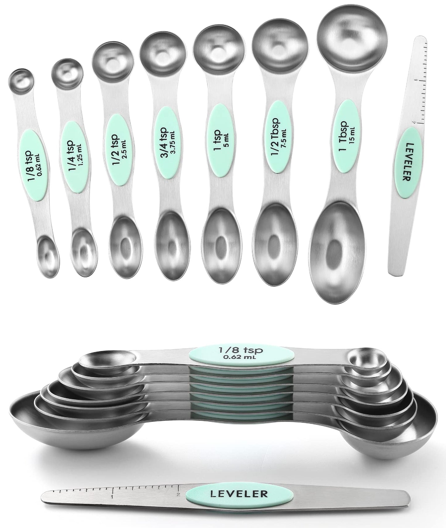 Spring Chef Stainless Steel Magnetic Measuring Spoons Set of 8 with Leveler, Metal Teaspoon & Tablespoon Measuring Spoons, Fits in Spice Jars, Kitchen Gadgets for Baking & Cooking - Set of 2 - Mint