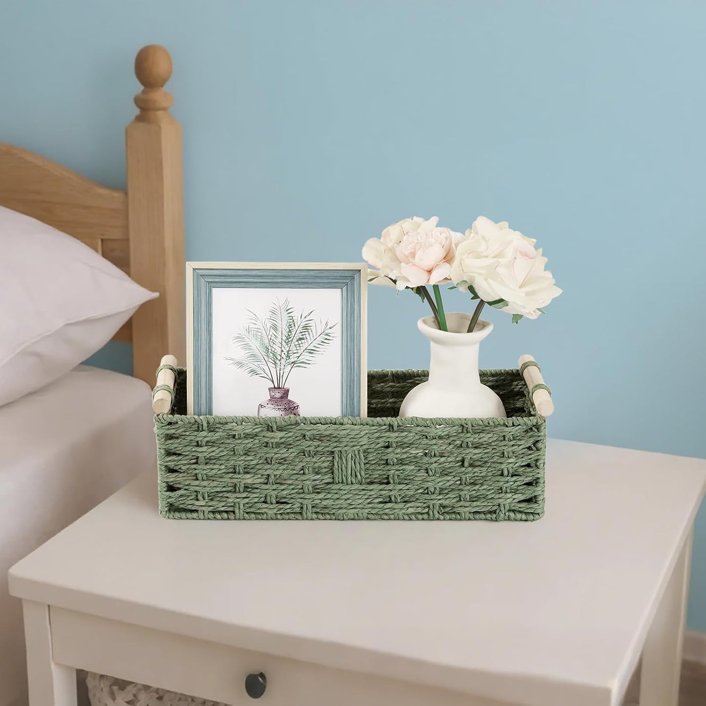 Regine Switzerland Toilet Paper Storage Basket - Decorative Wicker Design with Wooden Handles | Green Paper Rope for Bathroom Decor