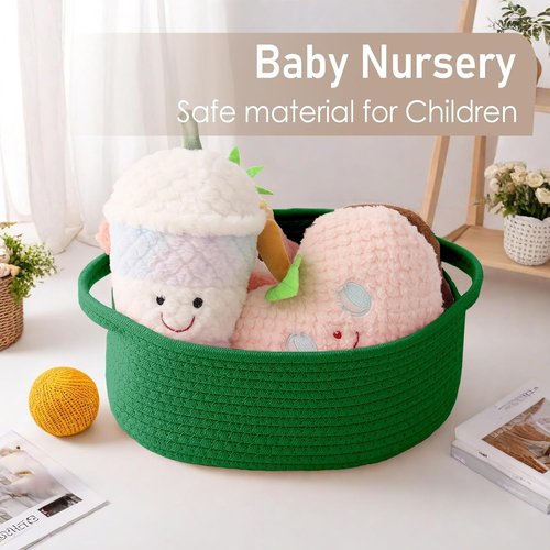 JMvicyroam Woven Basket - Small Rope Storage Bin with Handles | Organizer for Shelves & Closets - Green, 2 Pack
