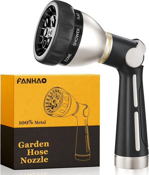 FANHAO Heavy Duty Metal Garden Hose Nozzle - 8 Spray Patterns with Thumb Control & On/Off Valve