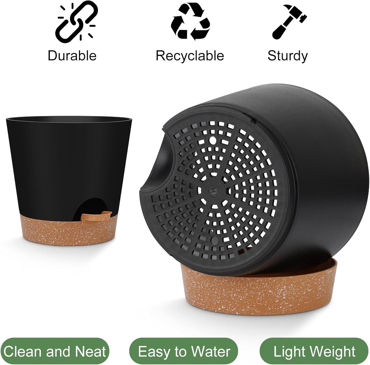 YNNICO Indoor Self-Watering Planters - Drainage Holes & Saucers | Set of 6 Pots in Black (5-8 Inches)