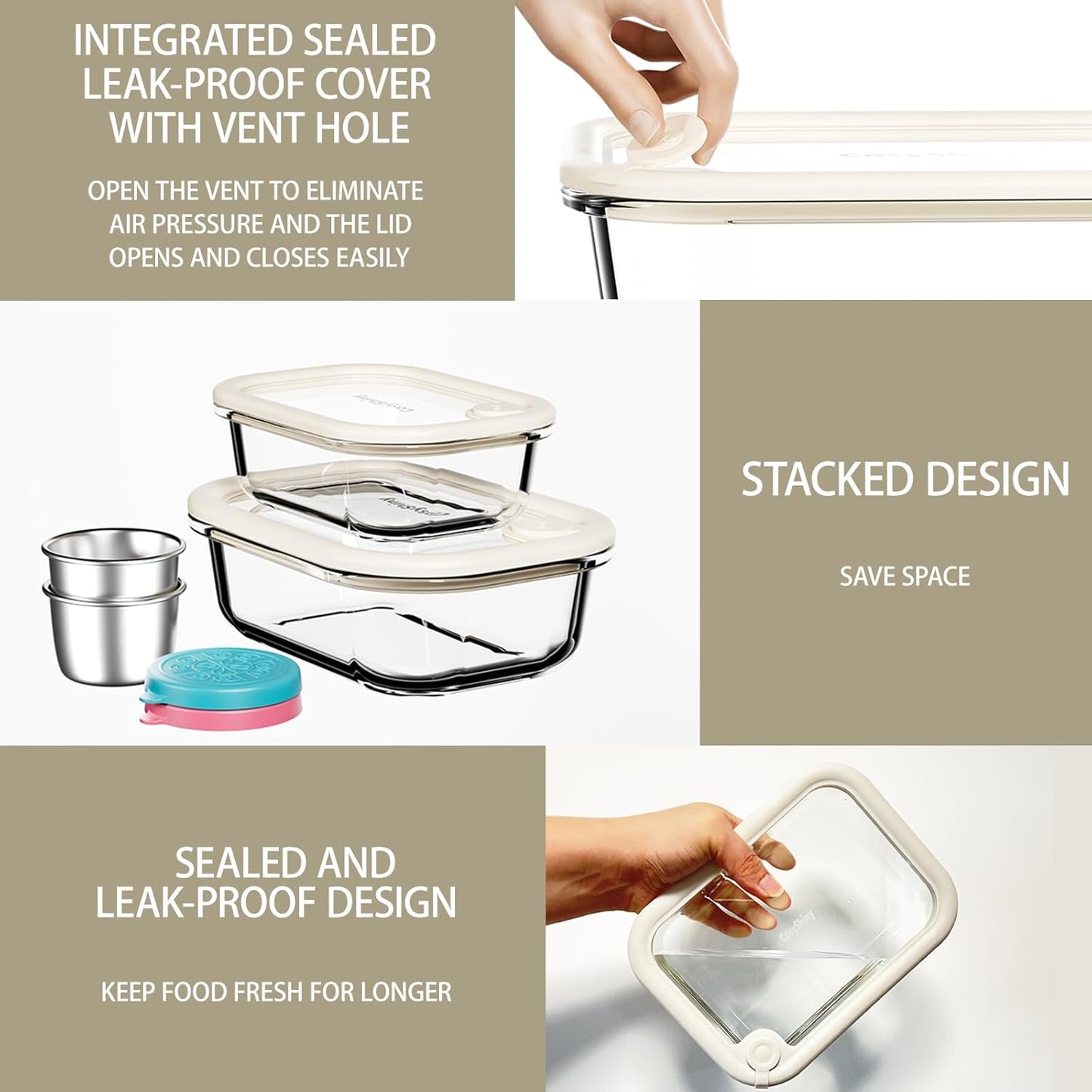 Skiennix Glass Food Storage Containers - Leakproof Silicone Lids | 4-Pack Set (12-21-35-50 oz, White)