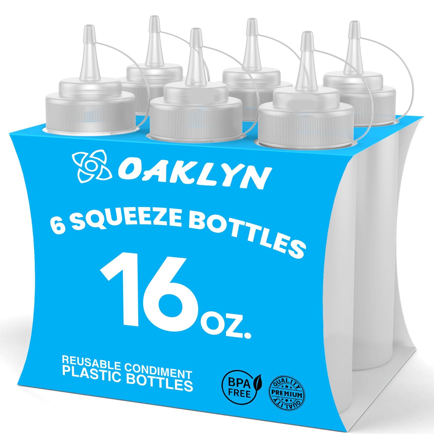 Oaklyn Squirt Bottles 16oz, 6 Pack – BPA-Free Condiment Squeeze Bottles for Sauces, Dressings, Oils, BBQ & Crafts – Durable, Leak-Proof, Easy to Fill & Clean