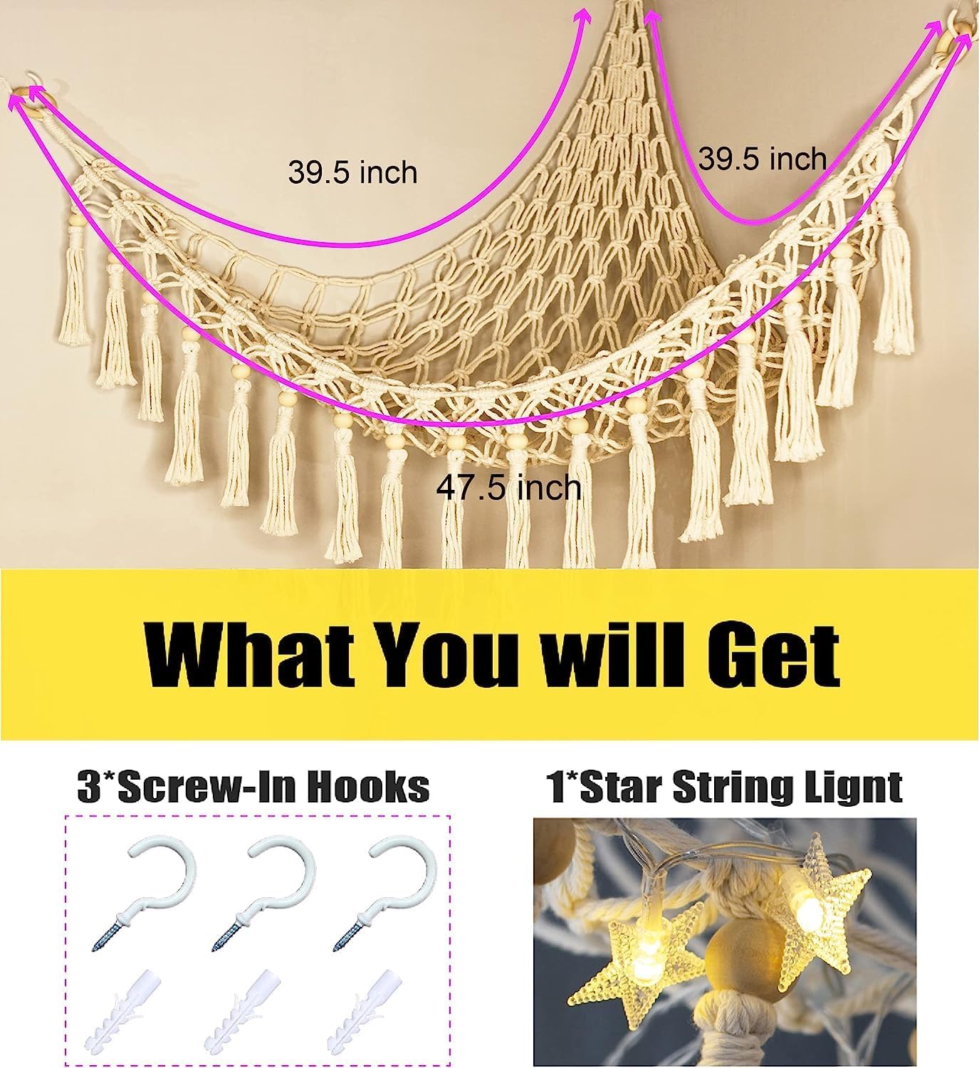 Skiennix Stuffed Animal Toy Storage Hammock with LED Light - Jumbo Macrame Plushie Organizer for Kids' Room Decor
