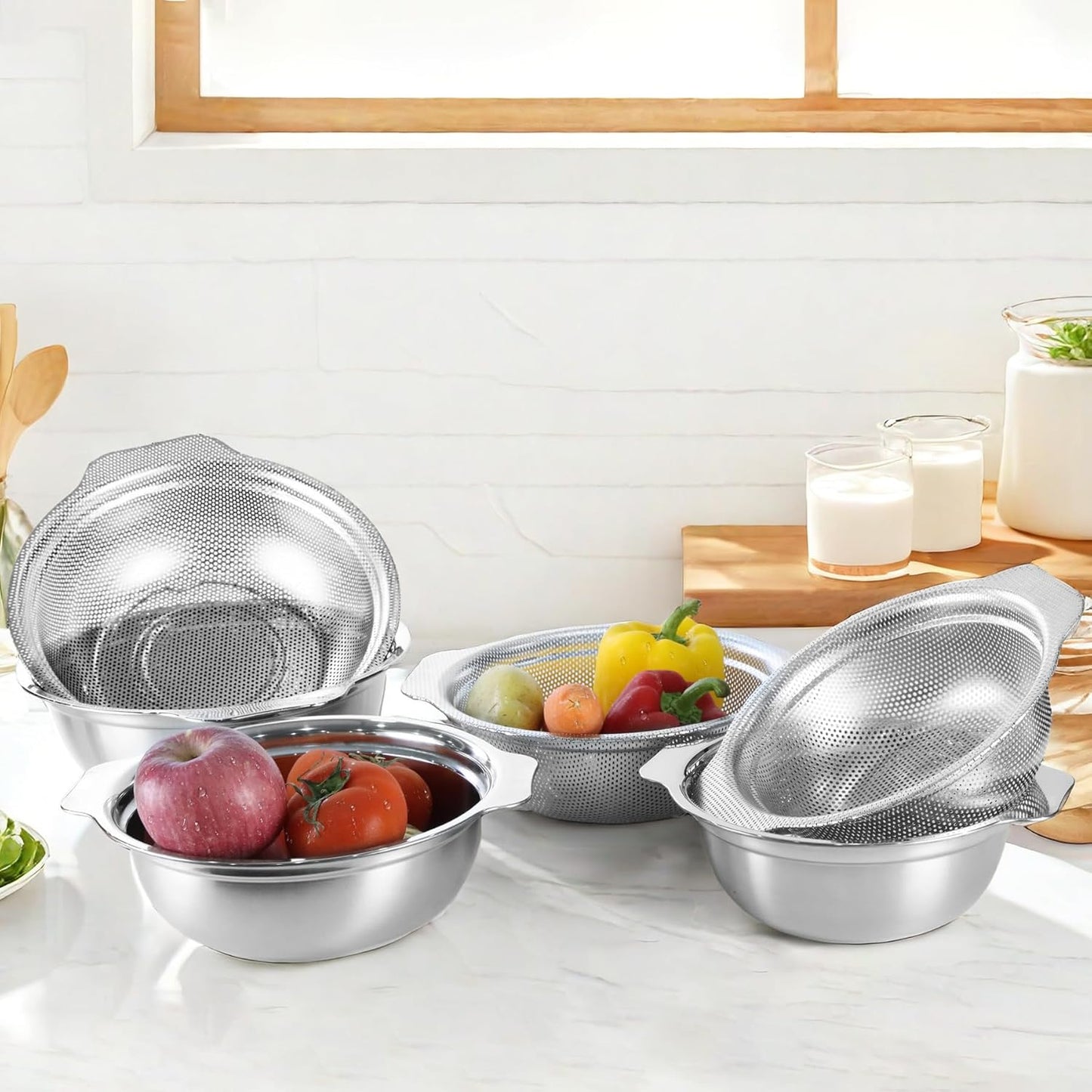 Skiennix Stainless Steel Colander Set - 2.5QT Rice Washer & Strainer with Mixing Bowl | Dishwasher Safe