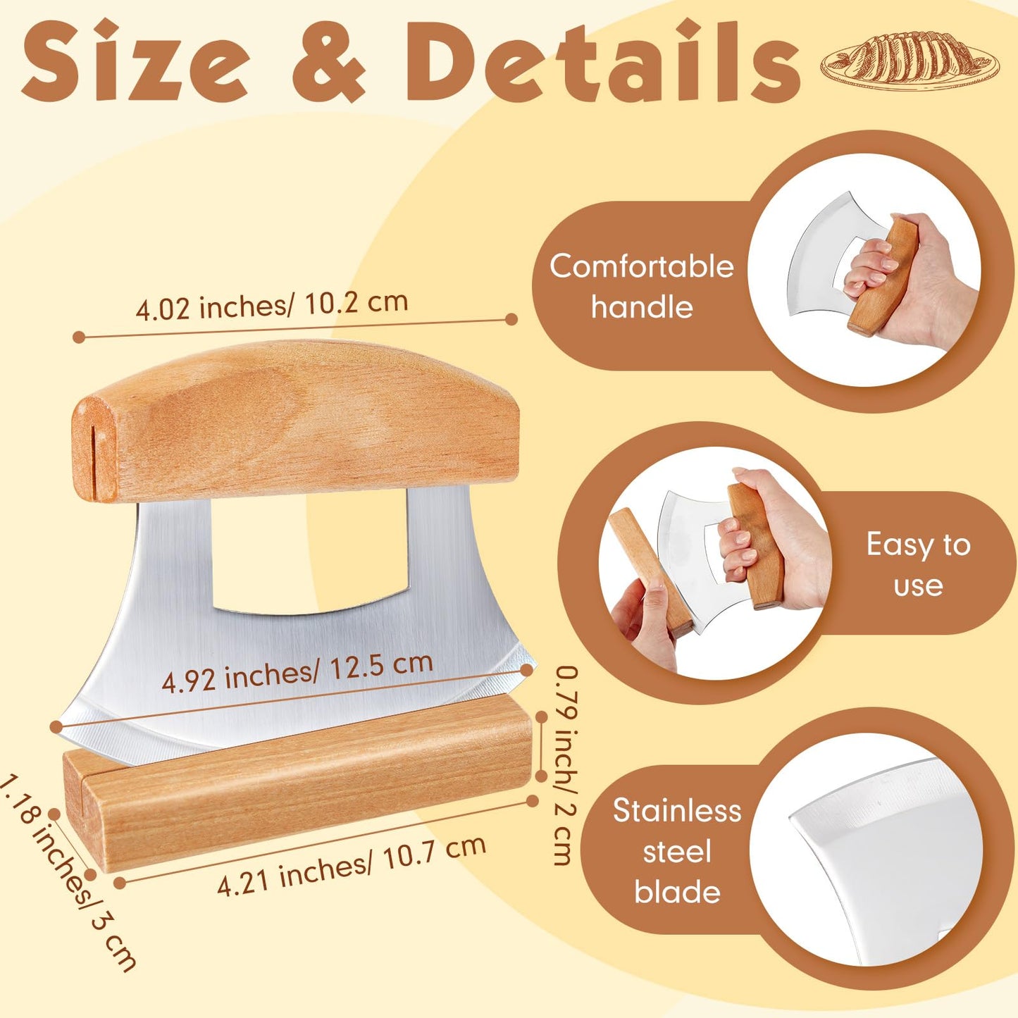 Sunnychicc 2 Pcs Mezzaluna Ulu Knife and Cutting Board Set Rocker Chopper Slicer Cutter with Stand Cutting Board Mezzaluna Chopper Alaskan Ulu Knife Kit for Onion Vegetable Mincing Tool(Wood)
