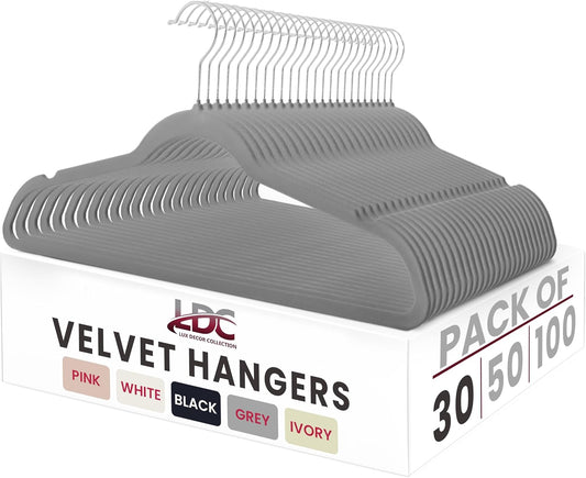 LDC Grey Velvet Hangers 30 Pack - Premium Non-Slip Space-Saving Felt Hangers with 360° Swivel Hook - Grey