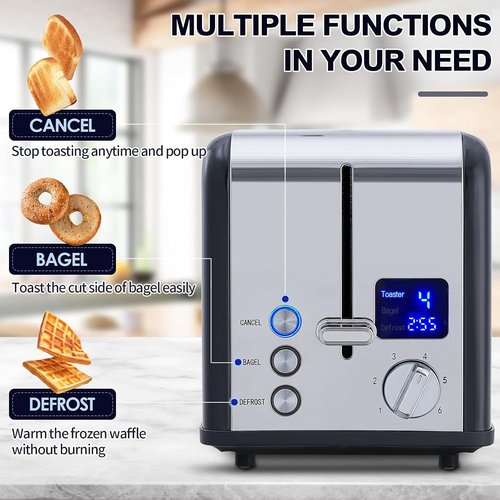CUSIMAX Stainless Steel 2-Slice Toaster - LED Display, Extra-Wide Slots, 6 Browning Settings, Black