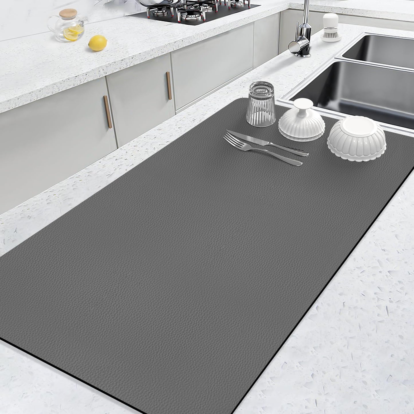 LOPNUR Extra Large Kitchen Dish Drying Mat - Super Absorbent Diatomite Pad | 31.5"x17", Heat Resistant, Grey