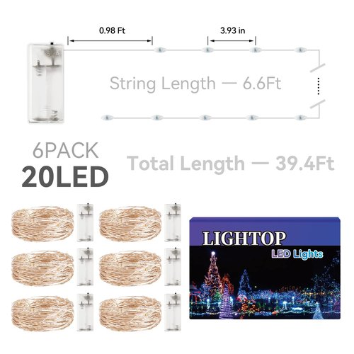 Fairy Light Battery Operated String Lights 6 Pack 20LED Copper Wire Firefly Twinkle Lights Indoor Waterproof for Christmas Halloween Garden Party Bedroom Wedding Birthday (Multicolor)