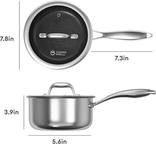 COOKER KING 2 Quart Nonstick Stainless Steel Saucepan - Ceramic Coating, Induction Compatible, Dishwasher Safe