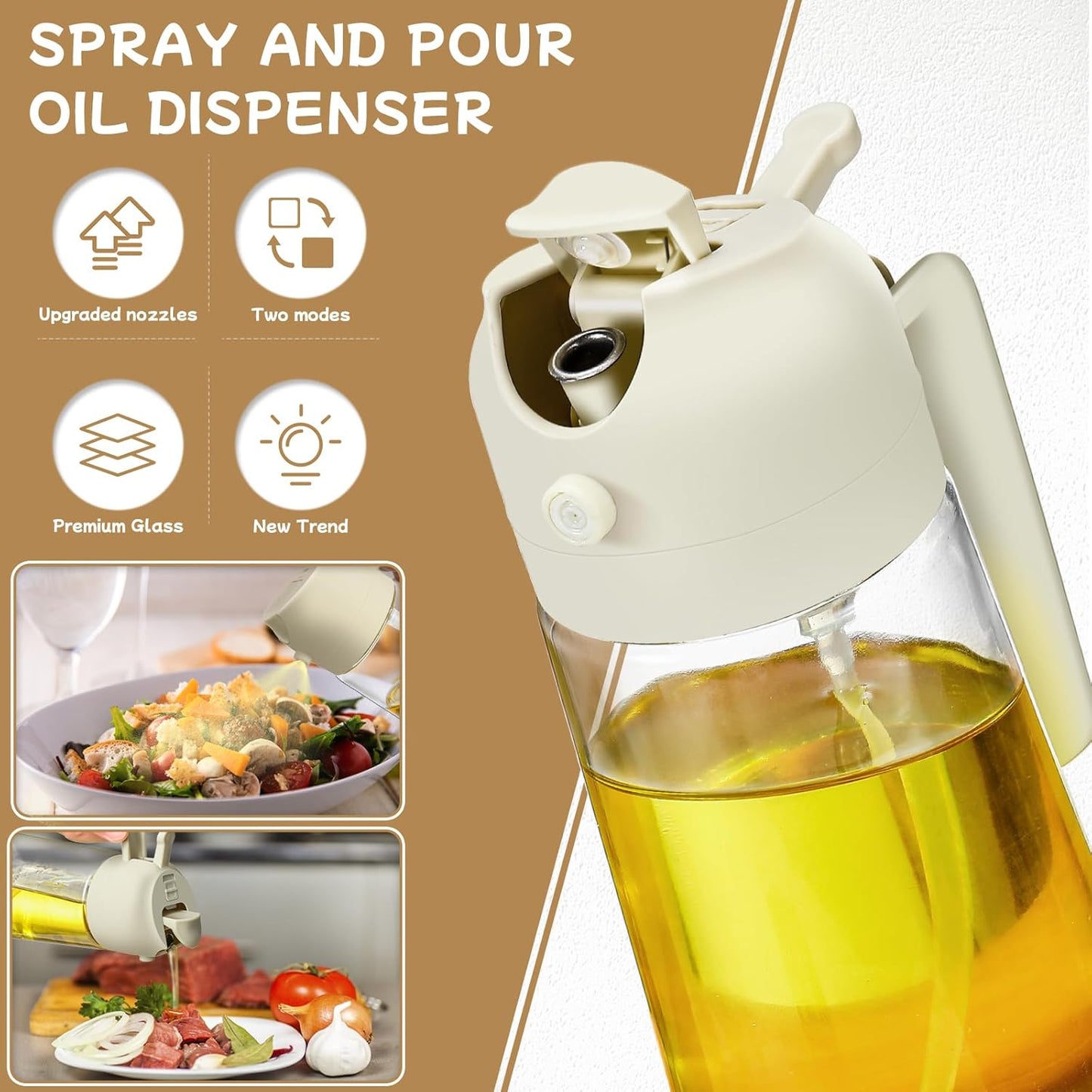 Skiennix Oil Sprayer - 2-in-1 Glass Dispenser for Cooking | 16oz Olive Oil Mist Bottle (White)