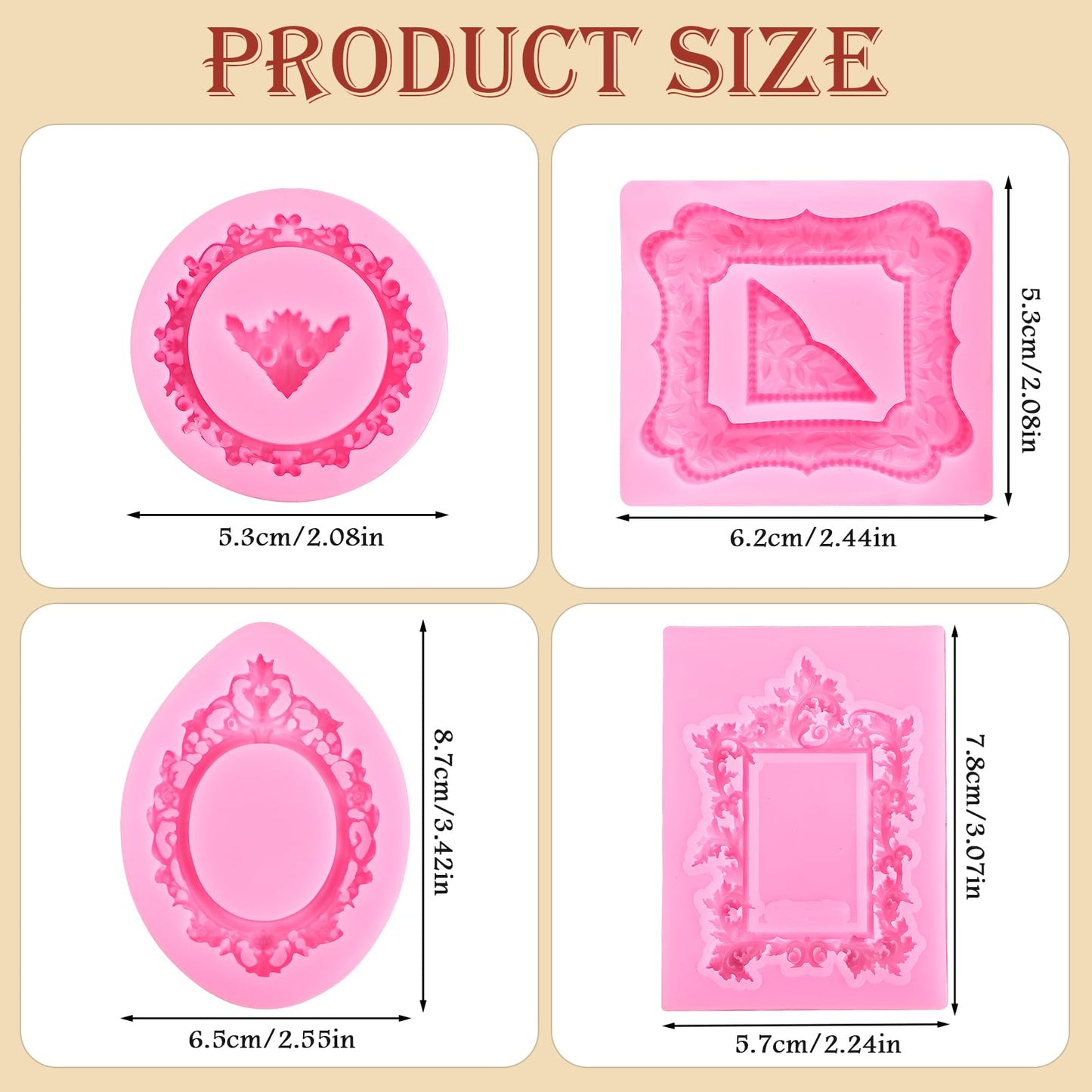 JJUNW 4 Pcs Photo Frame Silicone Molds, Baroque Style Air Dry Clay Molds, Mini Frame Molds Silicone for Cupcake Topper Cake Decoration Chocolate Candy Polymer Clay