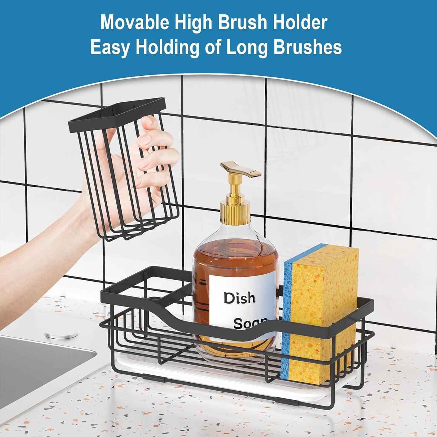 Skiennix Sponge Holder - Multifunctional Rustproof Kitchen Caddy with Detachable Brush Holder & Drain Tray