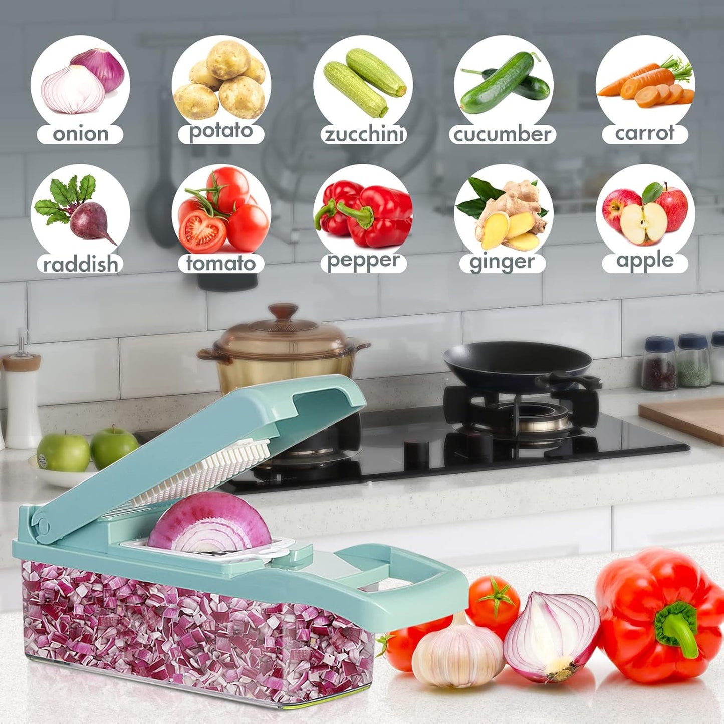 Ourokhome Vegetable Chopper - 12-in-1 Professional Mandoline Slicer with 8 Blades & Strainer Basket - Blue