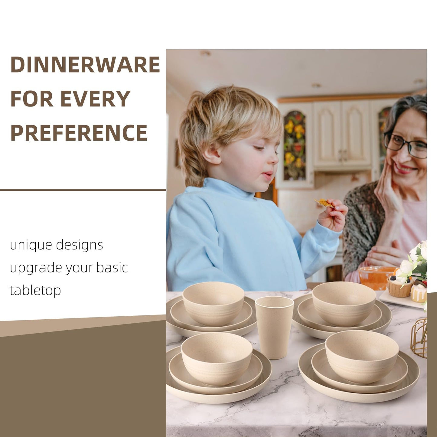 Gudvilla Wheat Straw Dinnerware Sets, 32Pcs Plastic Plates and Bowls Sets for 8, Unbreakable Reusable Wheat Straw Bowls Plates Cups Dishes Set, Dishwasher Microwave Safe, for RV Kitchen Camping