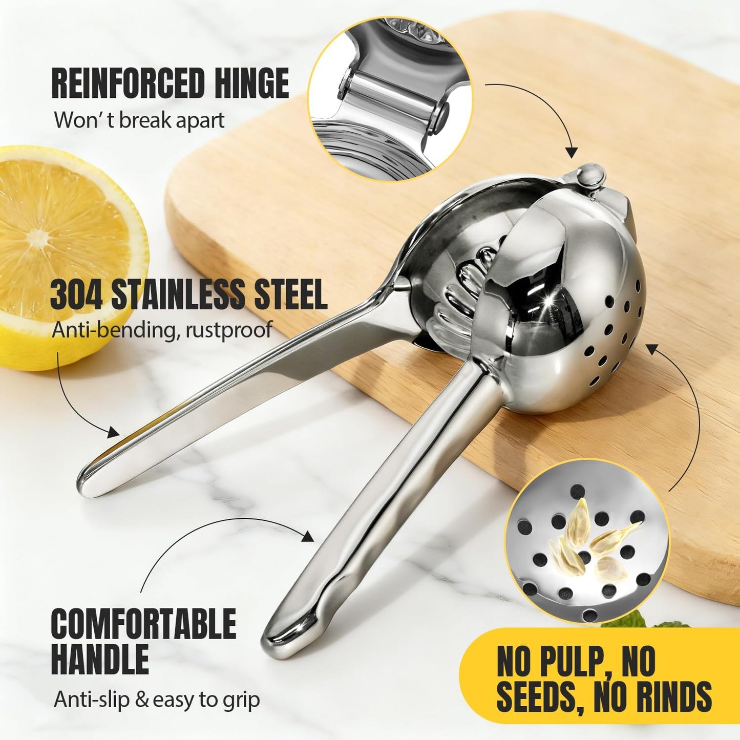 Sopito Stainless Steel Lemon Squeezer - Heavy Duty Citrus Juicer with Non-Slip Grip | Large Size