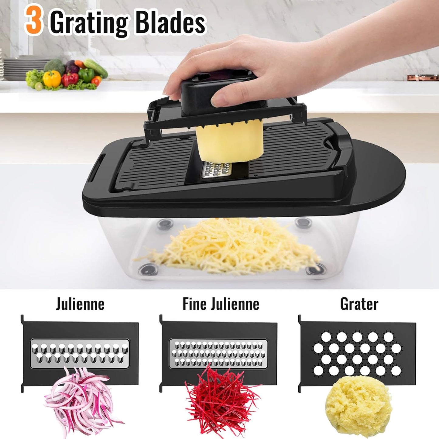 Skiennix 8-Blade Vegetable Chopper - All-in-One Mandoline Slicer with Container | Black Kitchen Essential