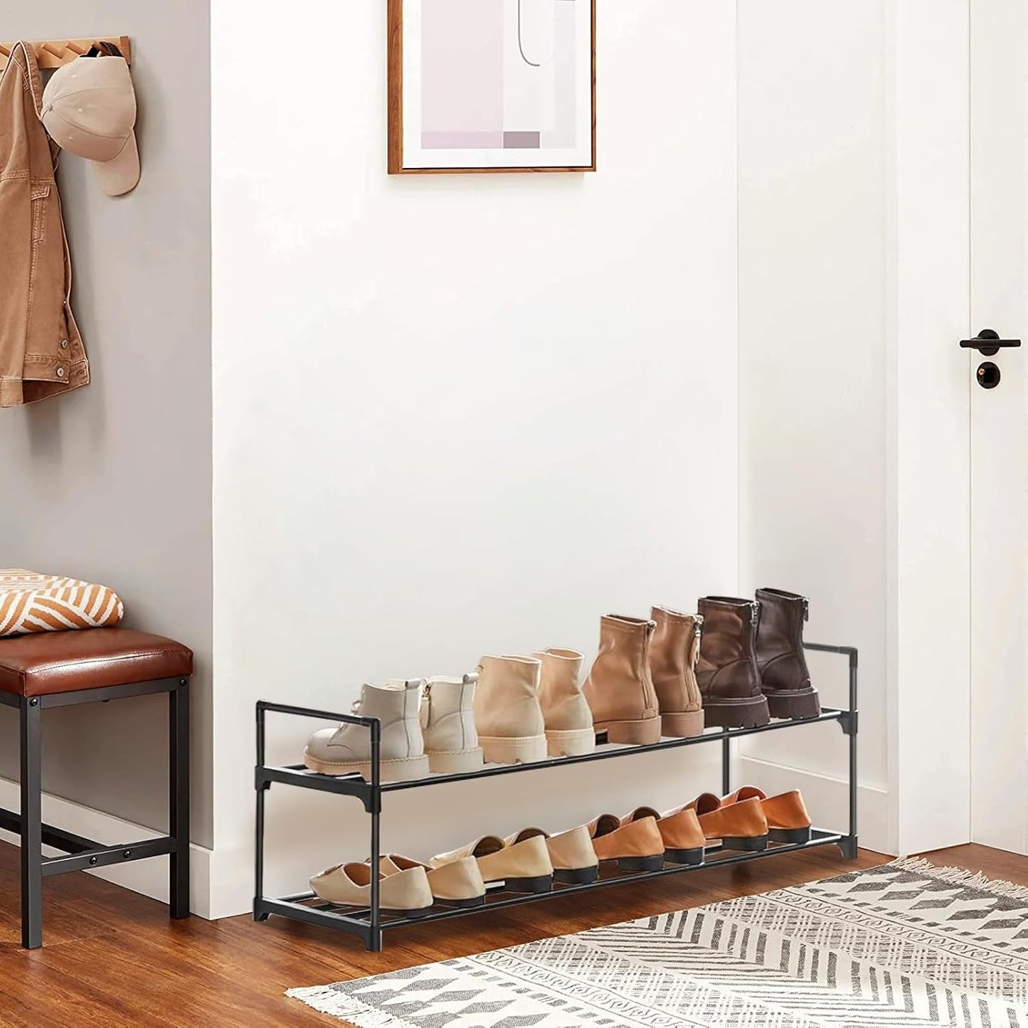 Metal Shoe Rack Organizer by [Brand Name] - Stackable Storage Shelf for Entryway | 2-Tier Black Design (30cm x 92cm x 55cm)