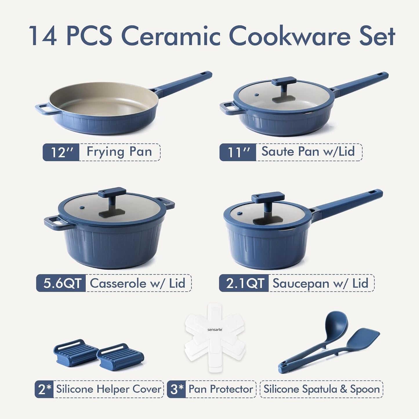 SENSARTE 15-Piece Nonstick Cookware Set - Induction Compatible with 8-Inch Omelet Pan & Lid
