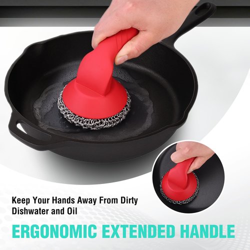 HAUSHOF Cast Iron Scrubber with Long Handle, Chainmail Scrubber Cast Iron Cleaner for Pan, Kitchen Cleaning Kit for Grill, Dutch, Oven