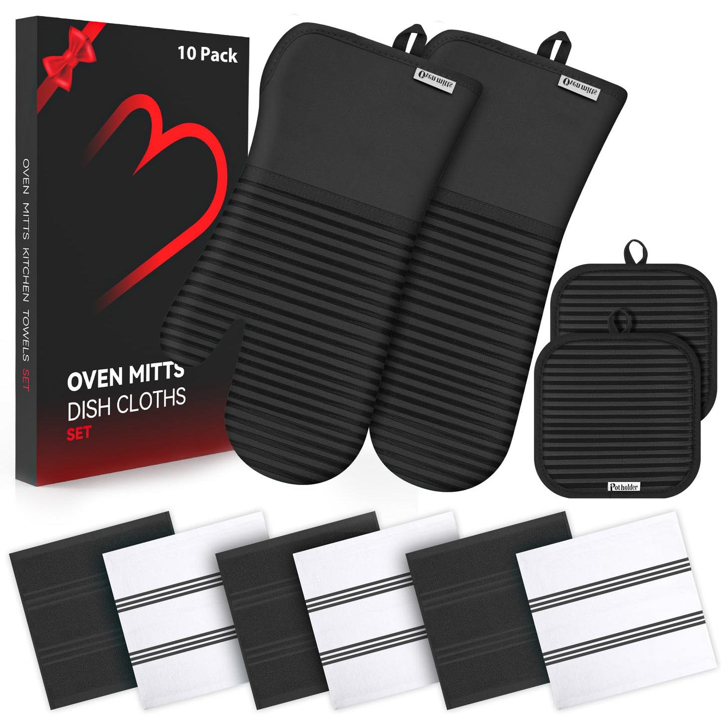 Oven Mitts and Pot Holder Sets with Silicone Grip, 500°F Heat Resistant-6 Pack Dishcloth/Dish Towels for Kitchen 100% Cotton-Value Kitchen Essentials for Cooking, Baking, Grilling-Black