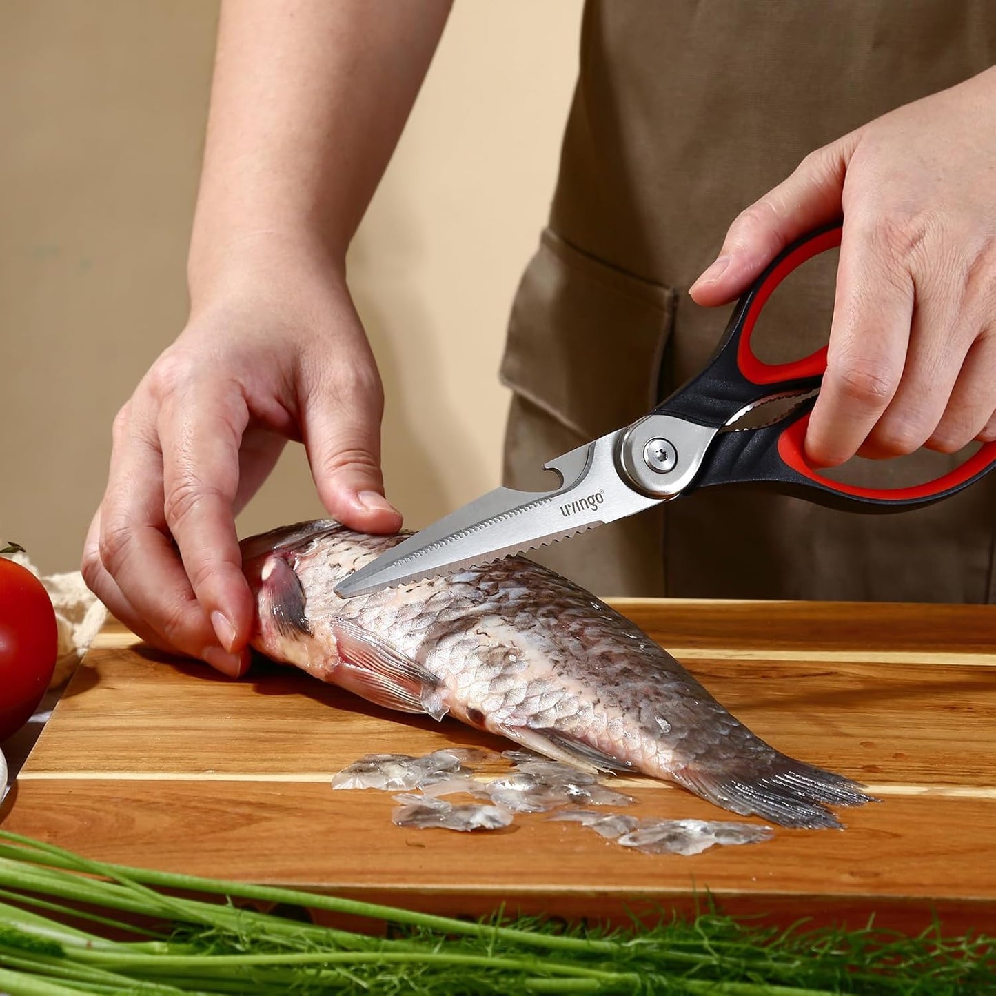 LIVINGO Heavy Duty Kitchen Scissors - Multi-Purpose Food Shears with Serrated Blades | Black & Red Handle