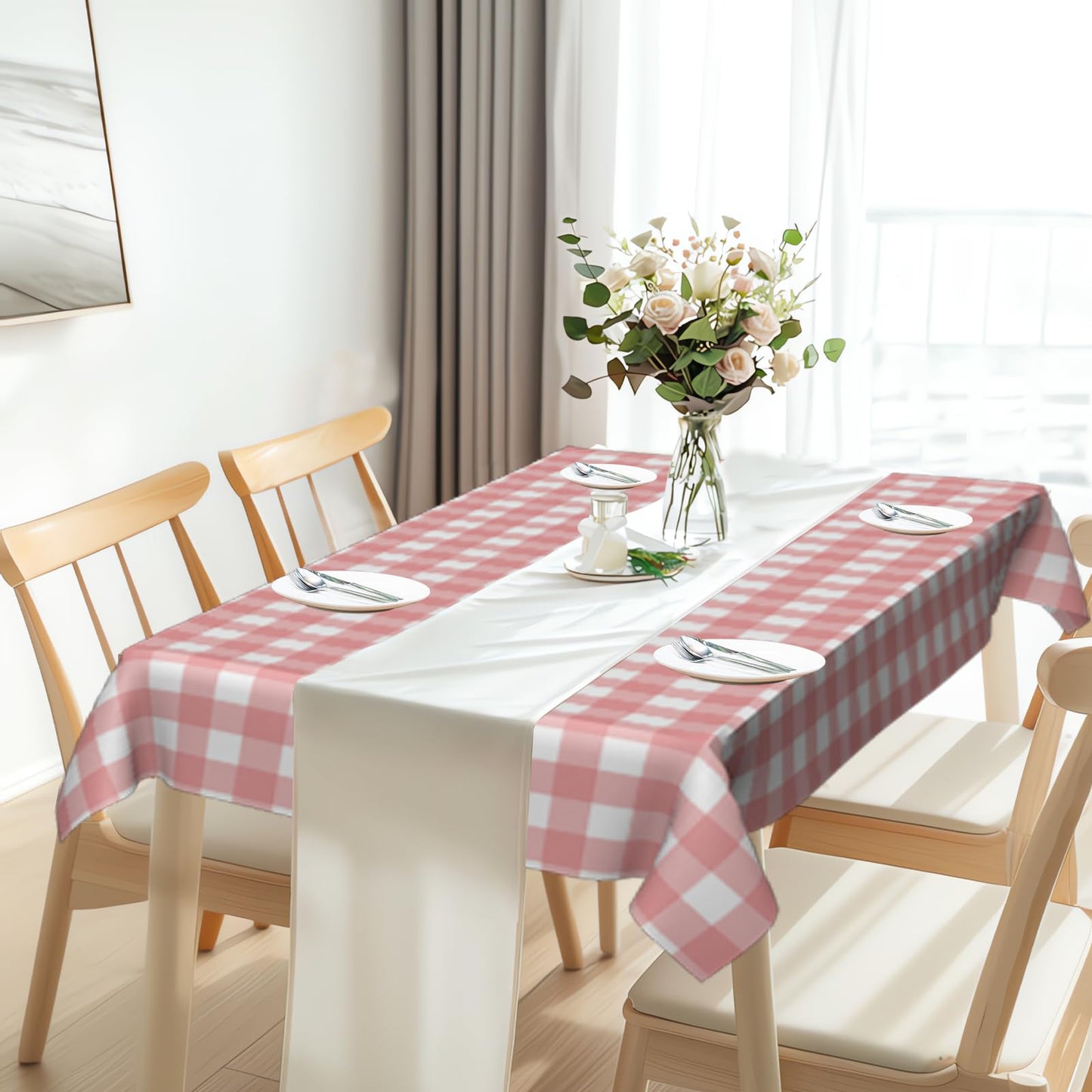 OLIVBIN 4 Pack Pink and White Checkered Tablecloth Pink Checkered Flag Tablecloth, Disposable Plastic Gingham Table Cover for Parties, Race Car Birthday Party, Birthday, Outdoor Picnic, 54 × 108 Inch
