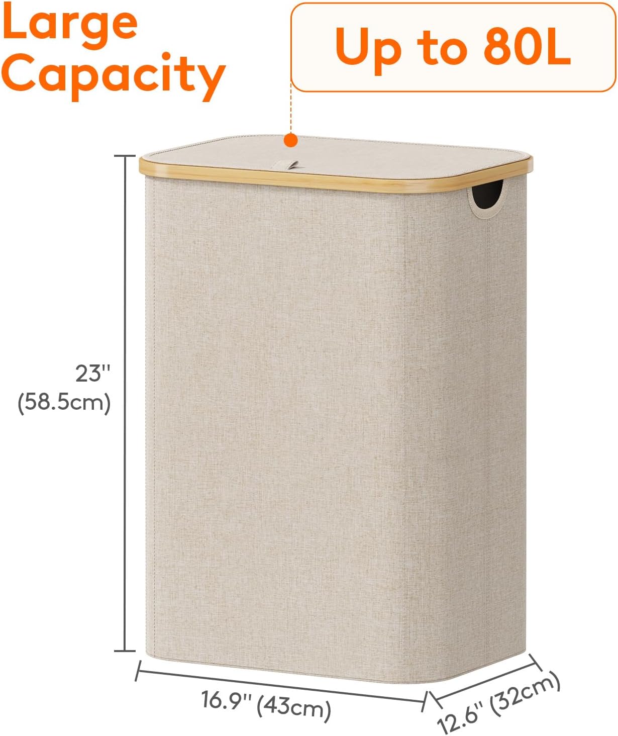 Lifewit 80L Laundry Basket - Foldable Hamper with Lid & Bamboo Handles | Beige, Removable Bag Included
