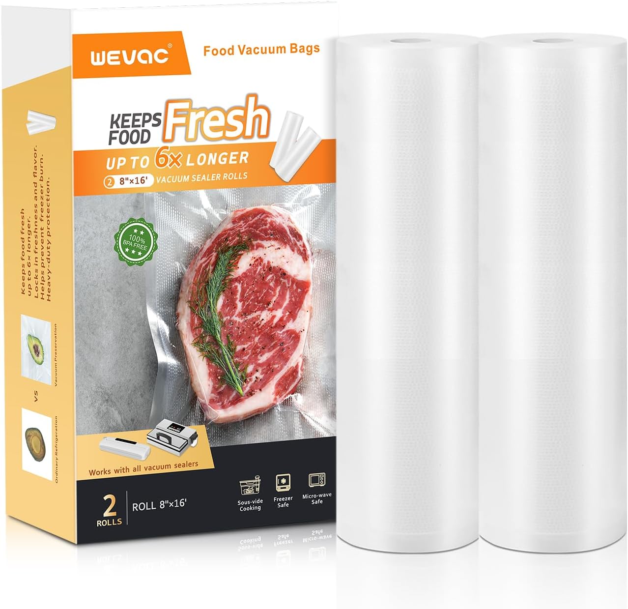 Wevac Vacuum Sealer Bag Rolls - Heavy Duty Food Storage for Sous Vide & Meal Prep | 8"x16' (2 Rolls)