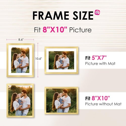 FIXSMITH 8x10 Picture Frame Set of 2 - Gold Collage Frames for Tabletop or Wall Display | HD Plexiglass