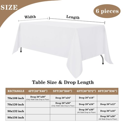 Fitable White Rectangle Tablecloths for 6 Foot Tables, 6 Pack - 70 x 108 Inches - Stain Resistant and Washable Table Clothes, Polyester Fabric Table Covers for Wedding, Party, Banquet, Buffect