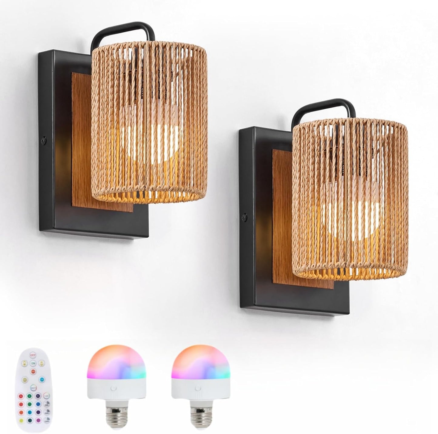 Boho Rattan Wall Sconces Set of Two, Farmhouse Wall Light Fixtures Lighting with Hand Woven Hemp Rope Shade Bedside Wicker Wall Lamp, Wall Mount Light Fixture for Bedroom Living Room Bathroom Stairway
